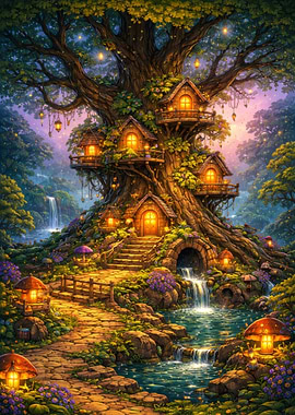 Enchanted Treehouse Village with Waterfalls