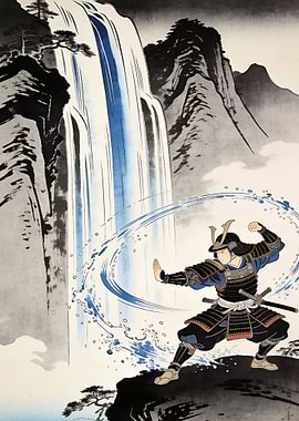 Samurai training by a waterfall