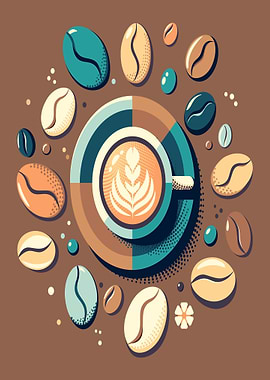 Coffee Cup with Latte Art and Beans