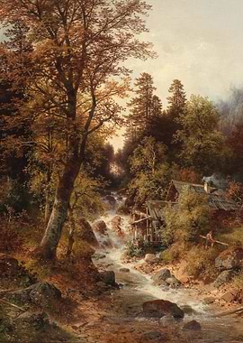 Autumn Mill by a Waterfall