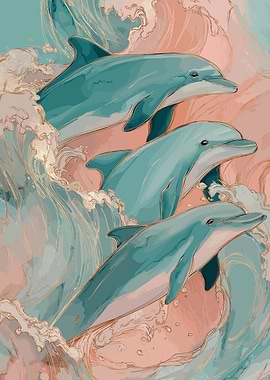 Dolphins swimming in waves