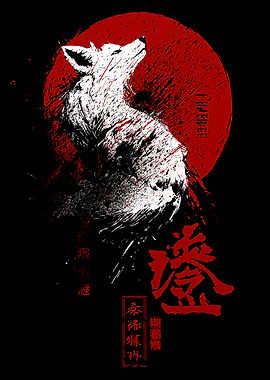 White Wolf Howling at Red Sun