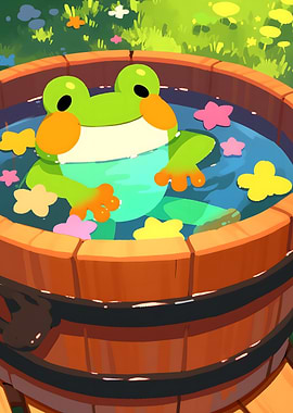 Cute Frog Bathing in Wooden Tub