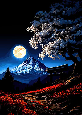 Moonlit Japanese Mountain Landscape
