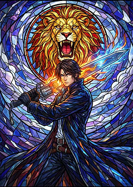 Stained Glass Lion and Swordsman