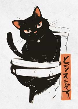 Grumpy Black Cat on Toilet