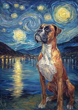 Boxer Dog in Starry Night Style