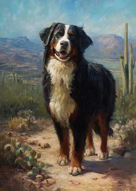 Bernese Mountain Dog in Desert Landscape
