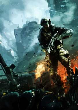 Soldier in a burning city