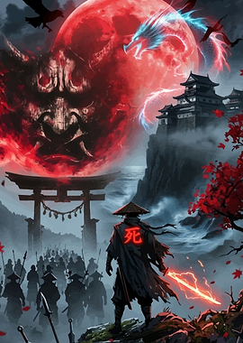 Samurai Warrior Facing a Demonic Moon