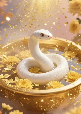 White Snake in Golden Bowl with Flowers