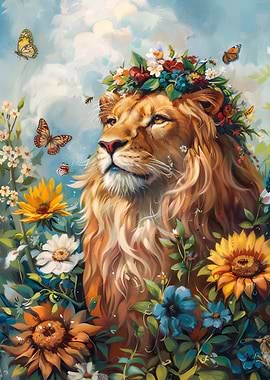 Lion with Flower Crown in Nature