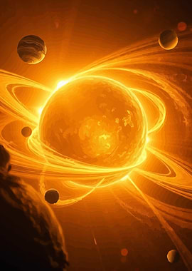 Fiery Planet with Rings and Moons