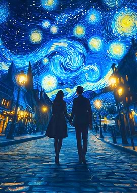 Couple walking under Van Gogh sky