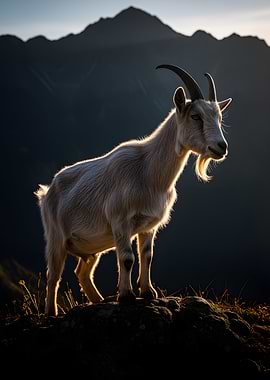 Goat on a mountain at sunset