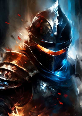 Fiery Knight in Blue and Orange Armor