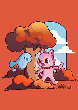 Cute Cat and Ghost in Autumn Scene