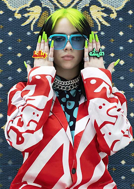 Billie Eilish with neon green nails and sunglasses