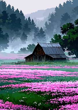 Barn in a field of pink flowers