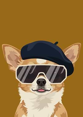 Stylish Corgi Wearing Beret and Sunglasses
