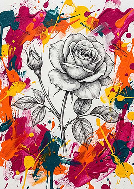 Pencil Sketch Rose with Paint Splatter