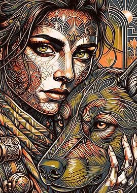 Woman and Dog with Tribal Patterns