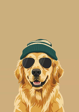 Cool Golden Retriever Dog Wearing Sunglasses and Beanie