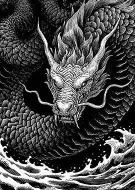 Intricate Dragon Emerging from Waves