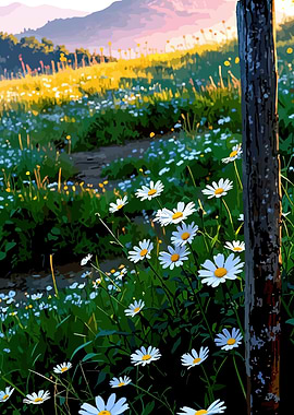 Daisy Field with Mountain Backdrop