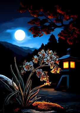 Moonlit Japanese Garden with Lantern