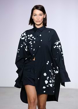 Bella Hadid in Oversized Printed Shirt