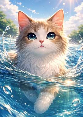 Cute Cat Swimming in Water