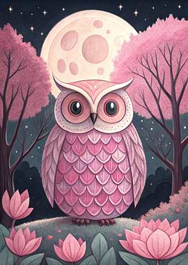 Pink Owl Under a Full Moon
