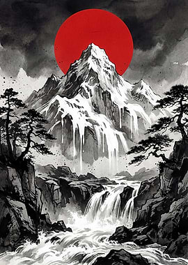 Majestic Mountain Waterfall with Red Sun