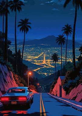 Retro Car Driving Through Cityscape at Night