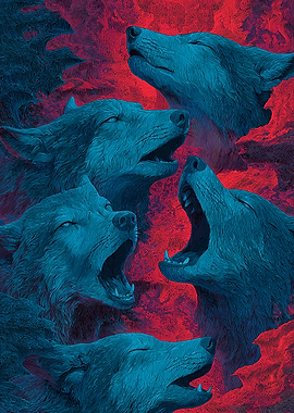 Howling Wolves in Blue and Red