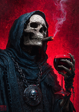 Grim Reaper Smoking Cigar Drinking Red Wine