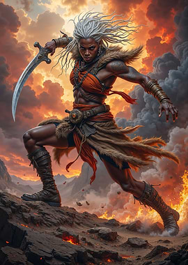 African Warrior Woman with Sword in Fiery Landscape