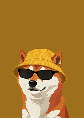Shiba Inu Dog Wearing Sunglasses and Bucket Hat