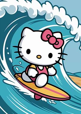 Hello Kitty Surfing a Wave