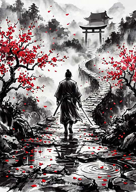 Samurai Walking Through Cherry Blossoms