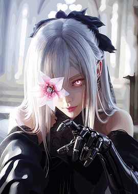 Anime Girl with Mechanical Arm and Flower