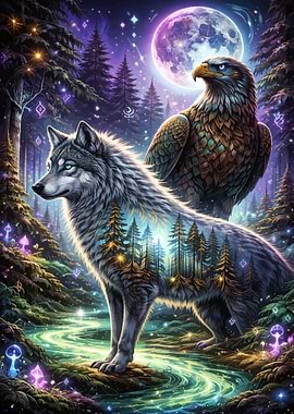 Mystical Wolf and Eagle in Enchanted Forest
