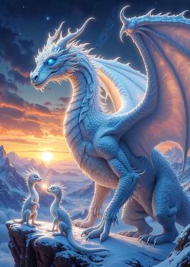 White Dragons in Snowy Mountains at Sunset