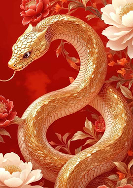 Golden Snake with Peonies