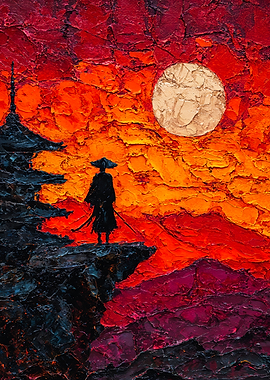 Samurai Silhouette Pagoda Impasto Painting