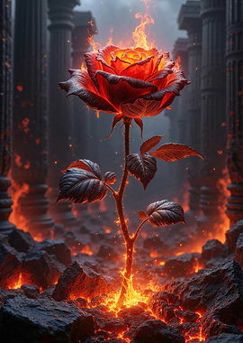 Fiery Rose in Ancient Ruins