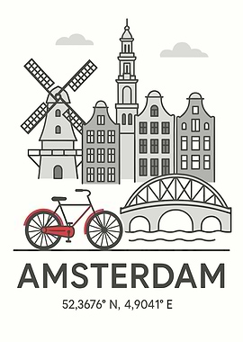 Amsterdam Cityscape with Bicycle and Bridge