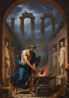Hephaestus Forging in Ancient Ruins