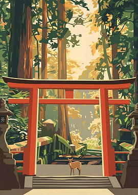 Deer at Japanese Shrine Torii Gate